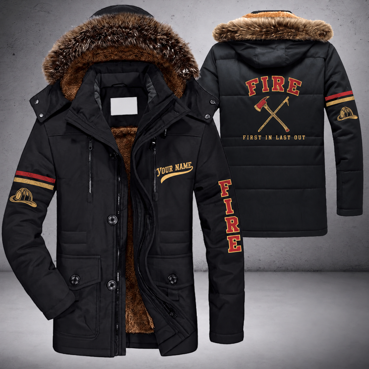 Black parka jacket with a faux-fur hood, fire axe and pike crossed on the back, "FIRE" lettering and a custom name in script on the chest