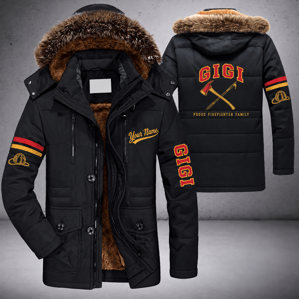 Black parka jacket with a faux-fur hood, fire axe and pike crossed on the back, "GIGI" lettering and a custom name in script on the chest