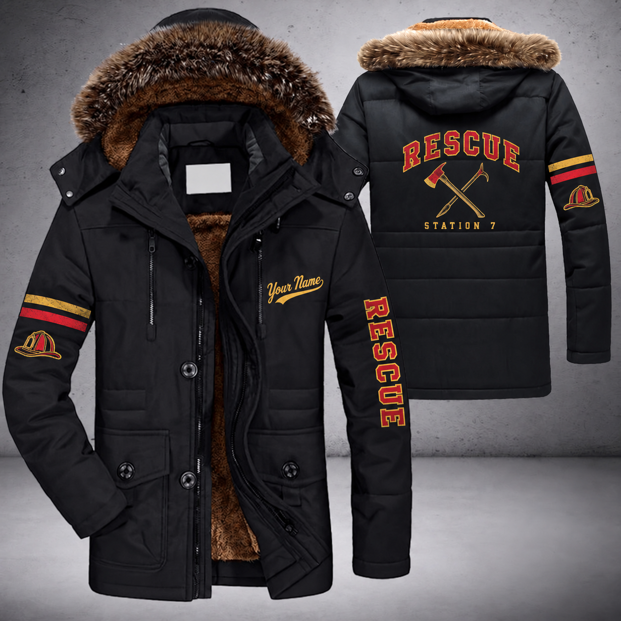 Black parka jacket with a faux-fur hood, fire axe and pike crossed on the back, "RESCUE" lettering and a custom name in script on the chest