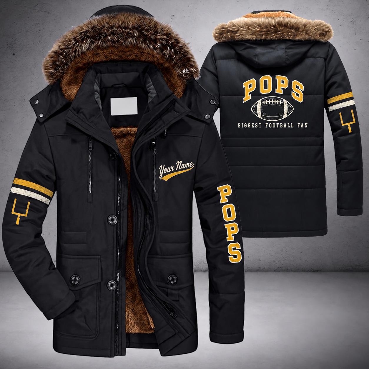Black parka jacket with a faux-fur hood, american football on the back, "POPS" lettering and a custom name in script on the chest