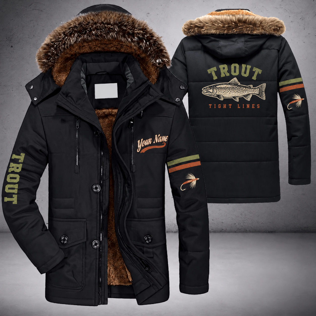 Black parka jacket with a faux-fur hood, trout on the back, "TROUT" lettering and a custom name in script on the chest
