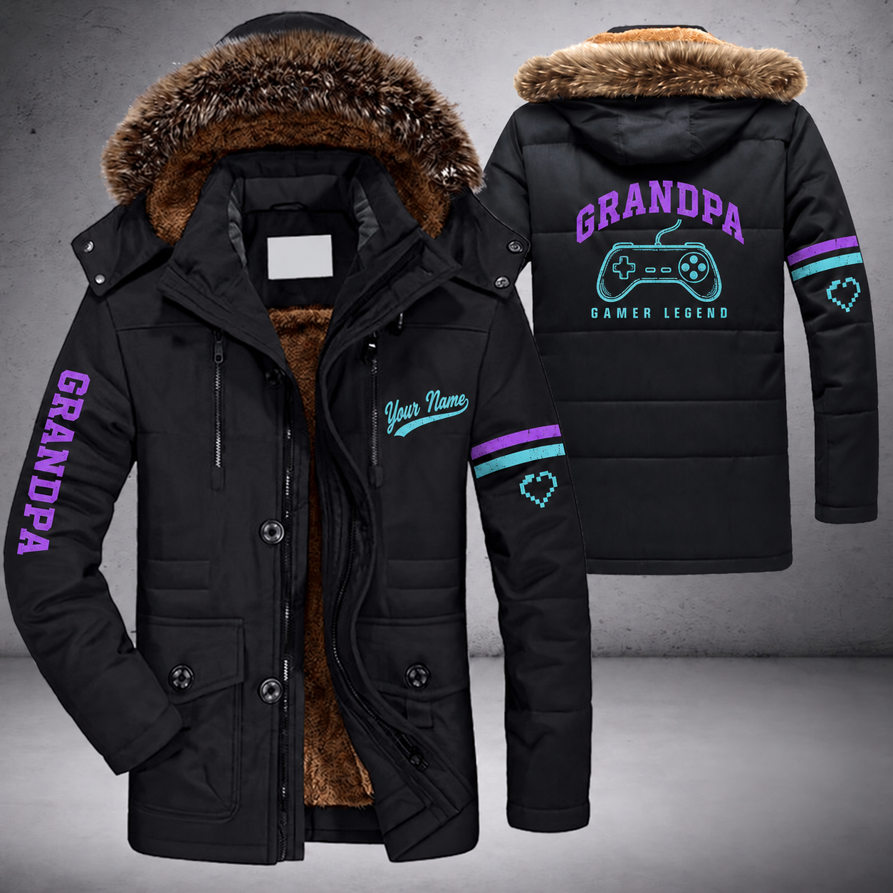 Black parka jacket with a faux-fur hood, game controller on the back, "GRANDPA" lettering and a custom name in script on the chest