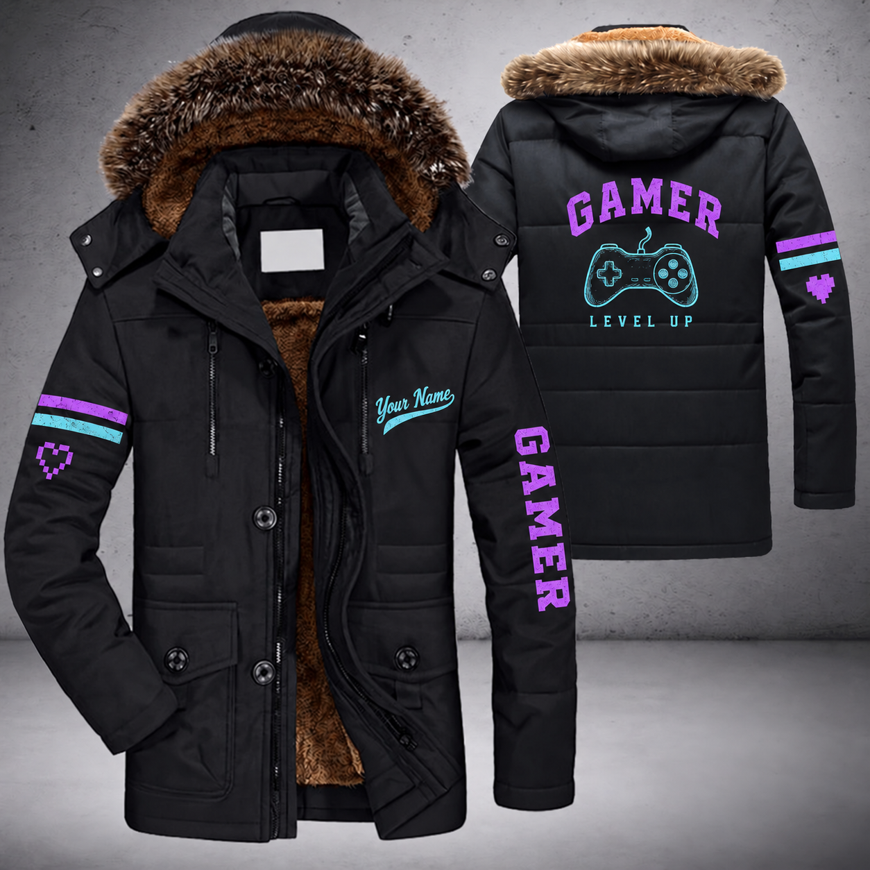 Black parka jacket with a faux-fur hood, game controller on the back, "GAMER" lettering and a custom name in script on the chest