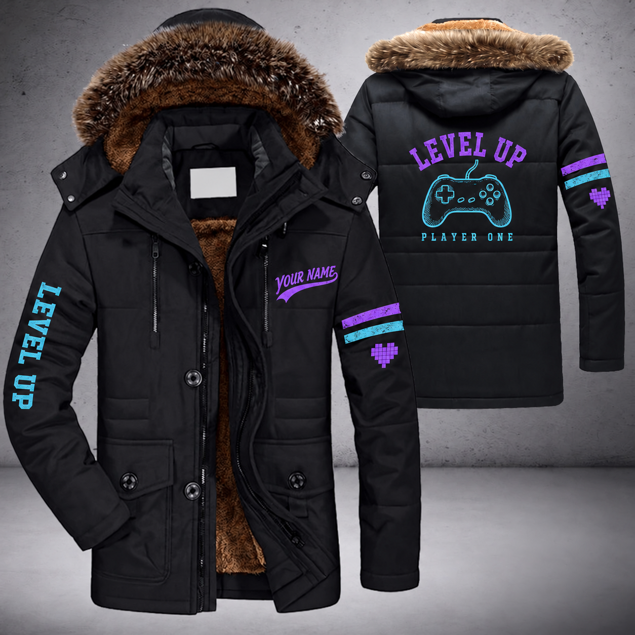 Black parka jacket with a faux-fur hood, game controller on the back, "LEVEL UP" lettering and a custom name in script on the chest