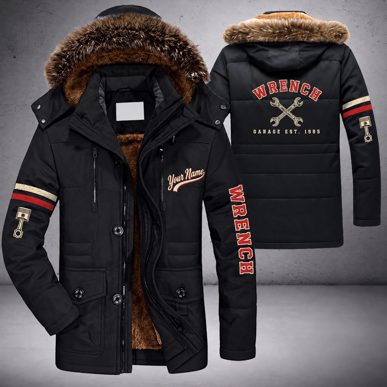 Black parka jacket with a faux-fur hood, crossed wrenches on the back, "WRENCH" lettering and a custom name in script on the chest