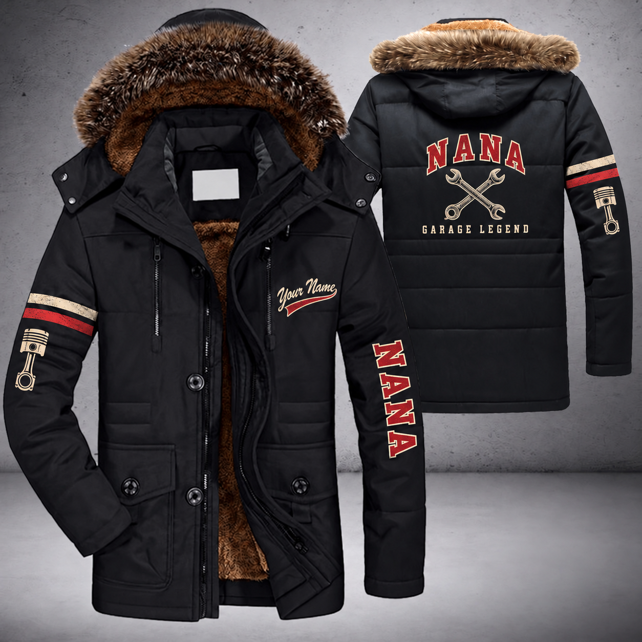 Black parka jacket with a faux-fur hood, crossed wrenches on the back, "NANA" lettering and a custom name in script on the chest