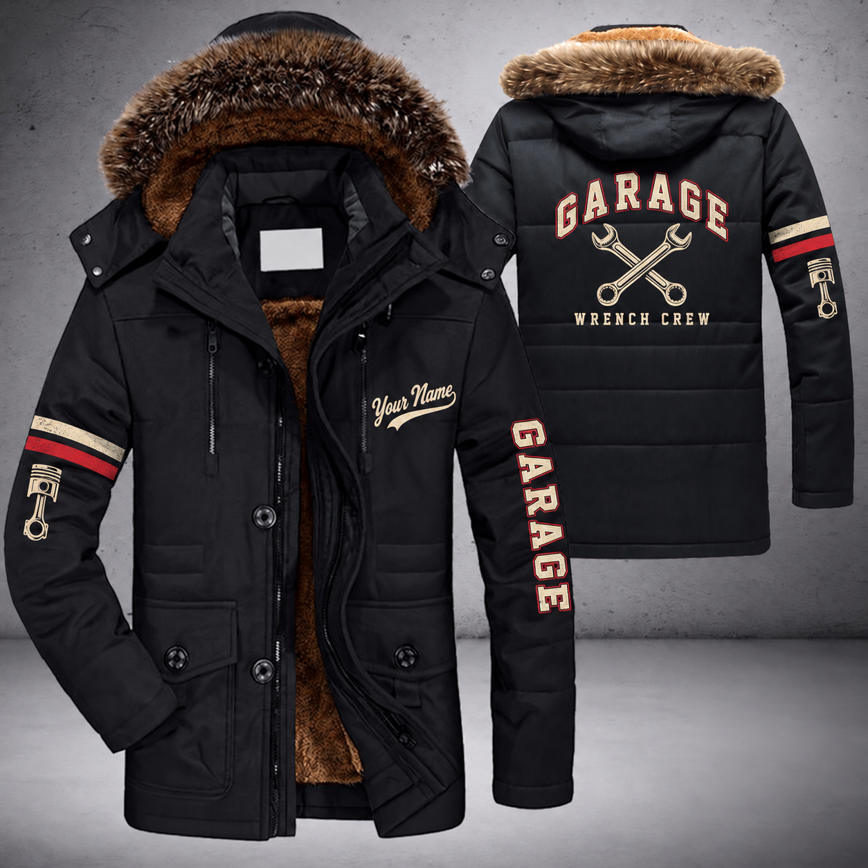 Black parka jacket with a faux-fur hood, crossed wrenches on the back, "GARAGE" lettering and a custom name in script on the chest