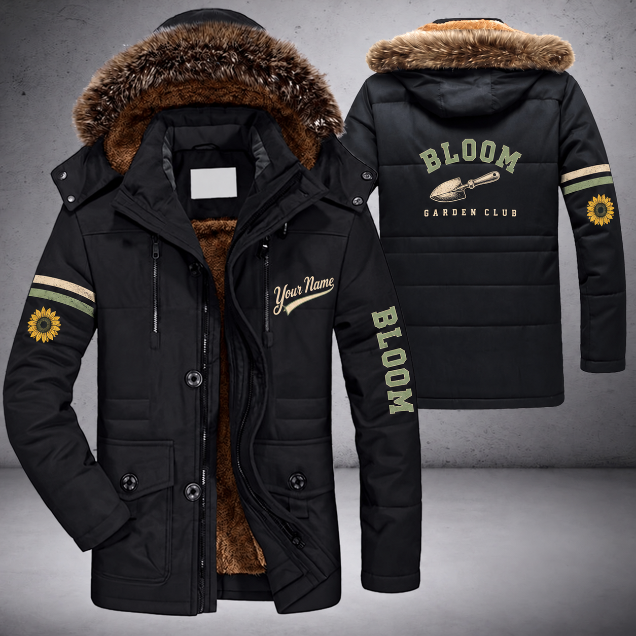 Black parka jacket with a faux-fur hood, trowel on the back, "BLOOM" lettering and a custom name in script on the chest