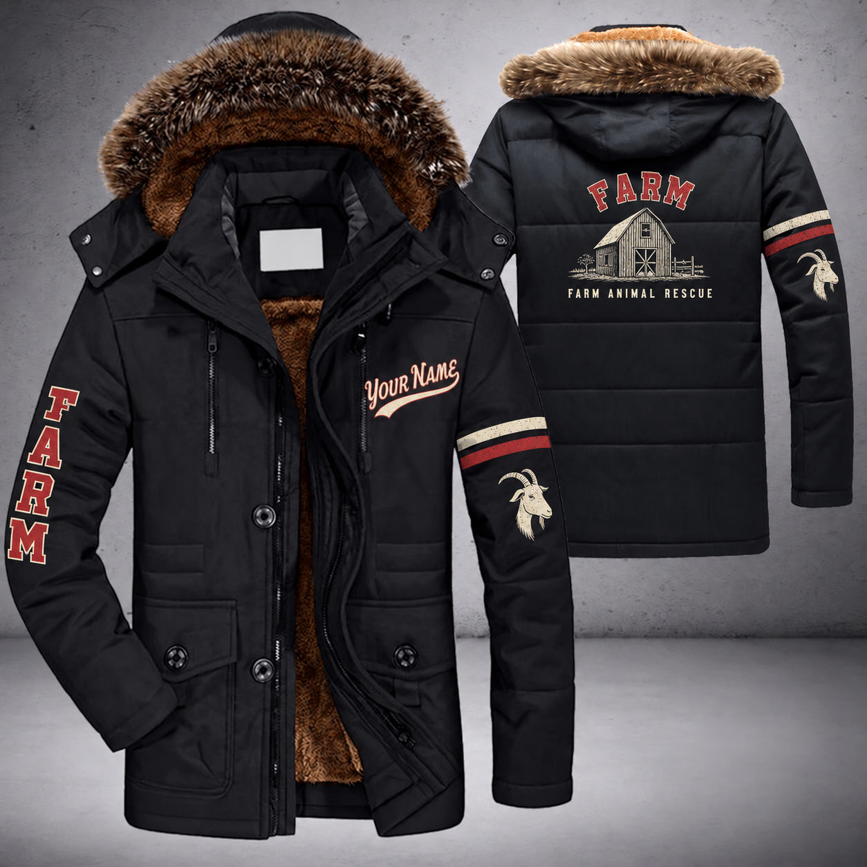 Black parka jacket with a faux-fur hood, barn on the back, "FARM" lettering and a custom name in script on the chest