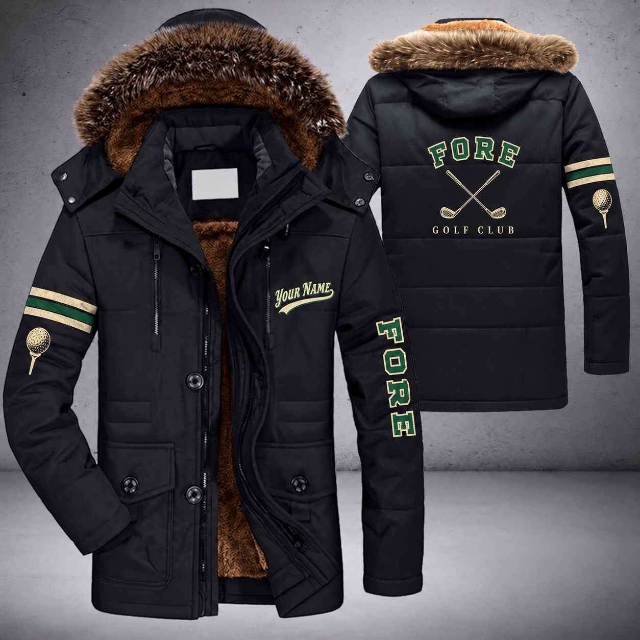 Black parka jacket with a faux-fur hood, crossed golf clubs on the back, "FORE" lettering and a custom name in script on the chest