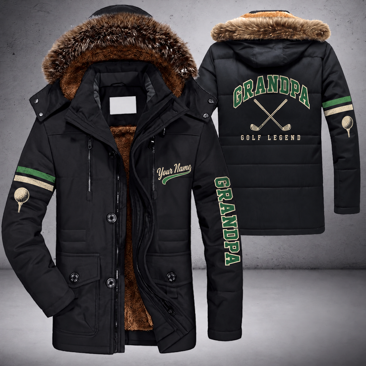 Black parka jacket with a faux-fur hood, crossed golf clubs on the back, "GRANDPA" lettering and a custom name in script on the chest