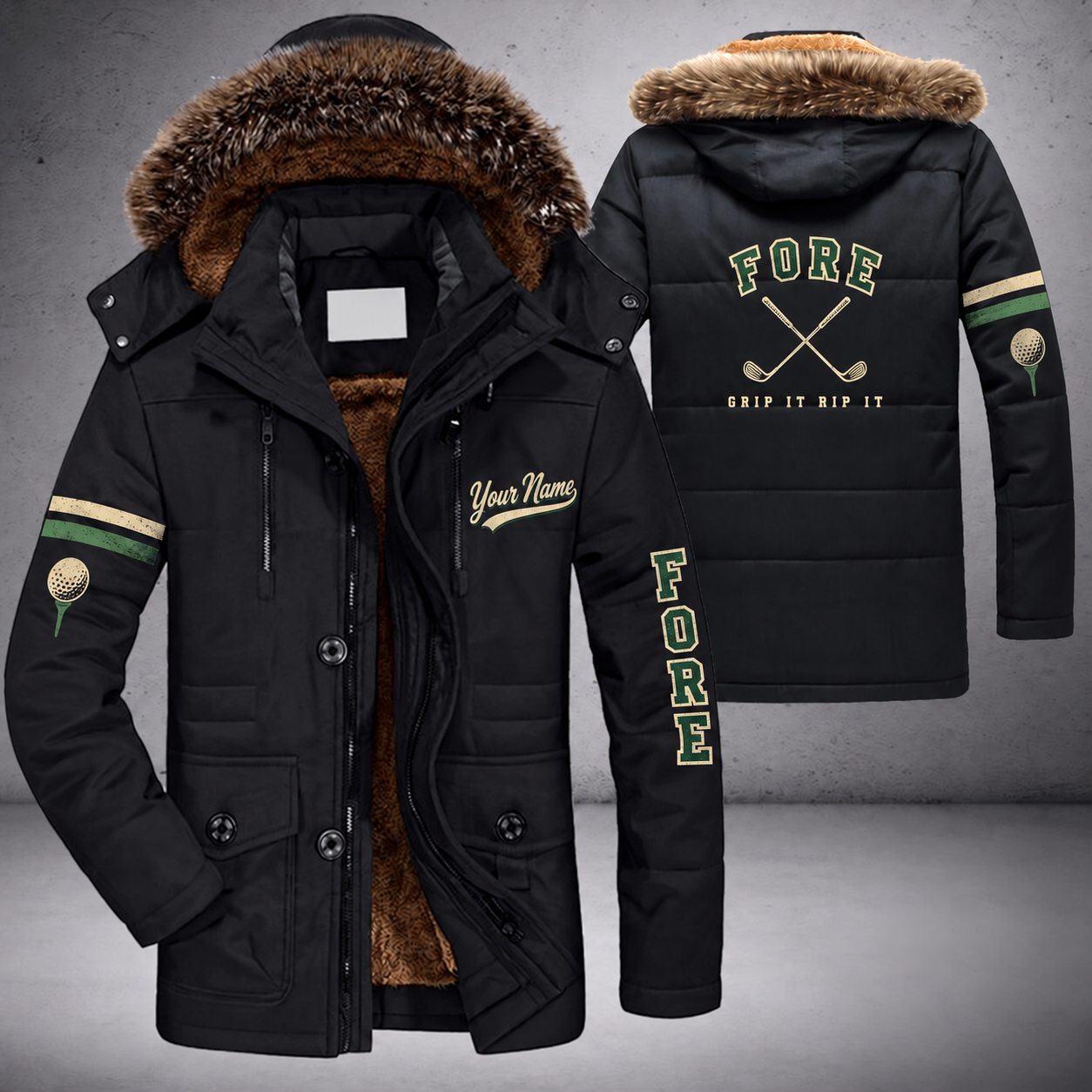Black parka jacket with a faux-fur hood, crossed golf clubs on the back, "FORE" lettering and a custom name in script on the chest