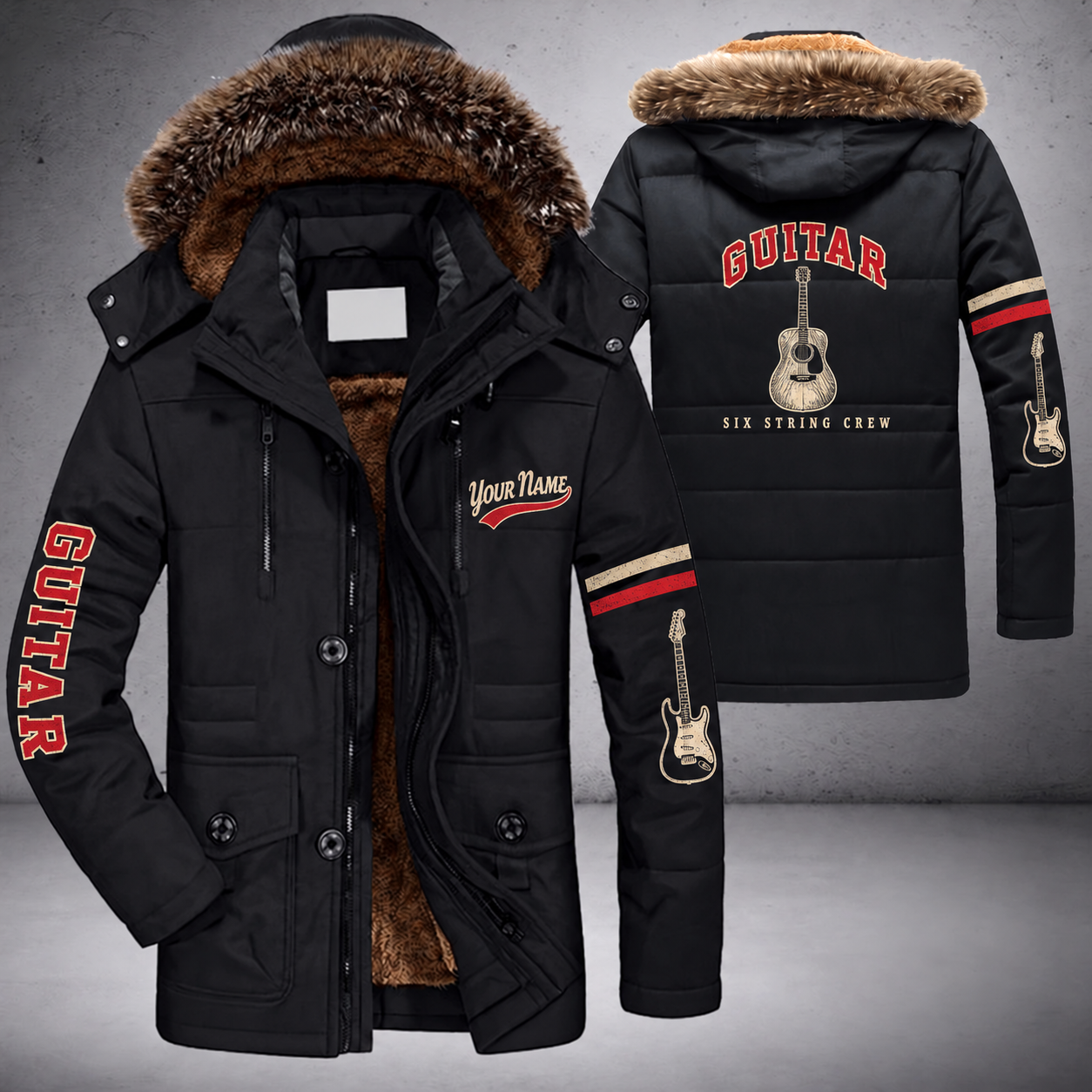Black parka jacket with a faux-fur hood, acoustic guitar on the back, "GUITAR" lettering and a custom name in script on the chest