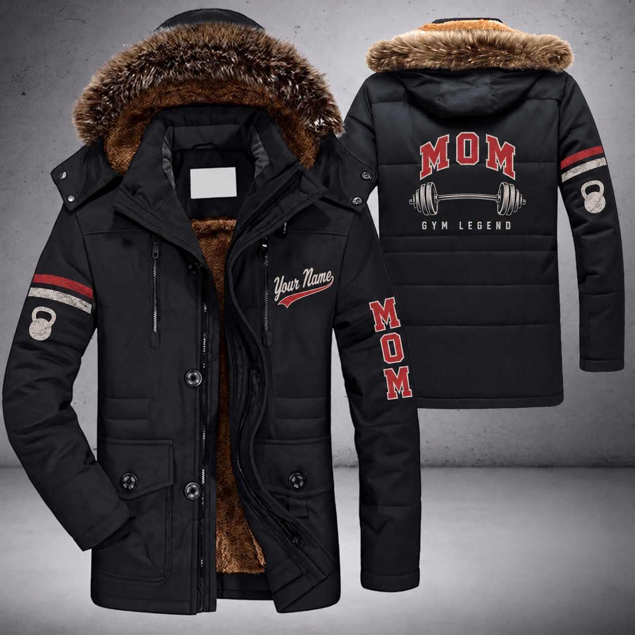 Black parka jacket with a faux-fur hood, barbell on the back, "MOM" lettering and a custom name in script on the chest