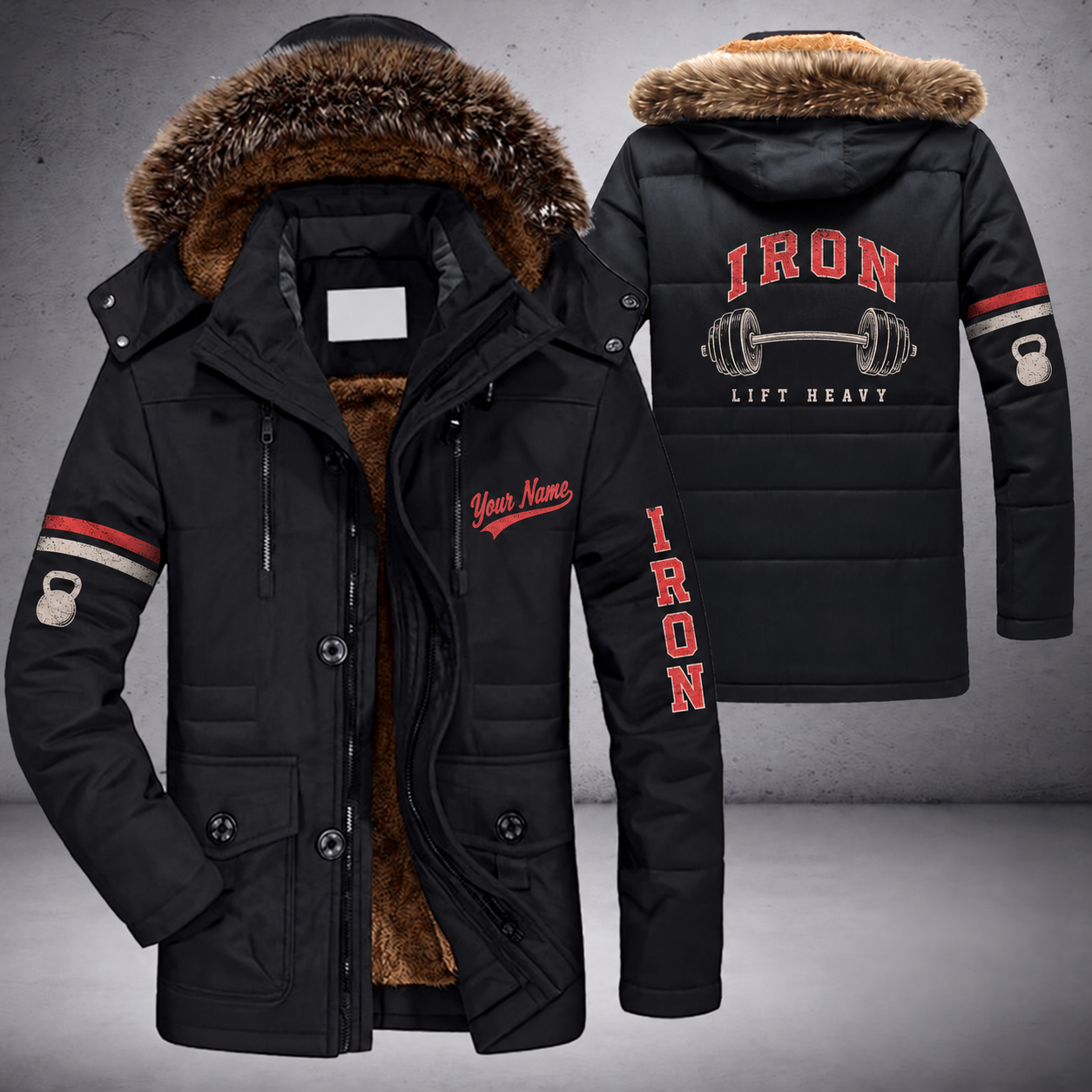 Black parka jacket with a faux-fur hood, barbell on the back, "IRON" lettering and a custom name in script on the chest