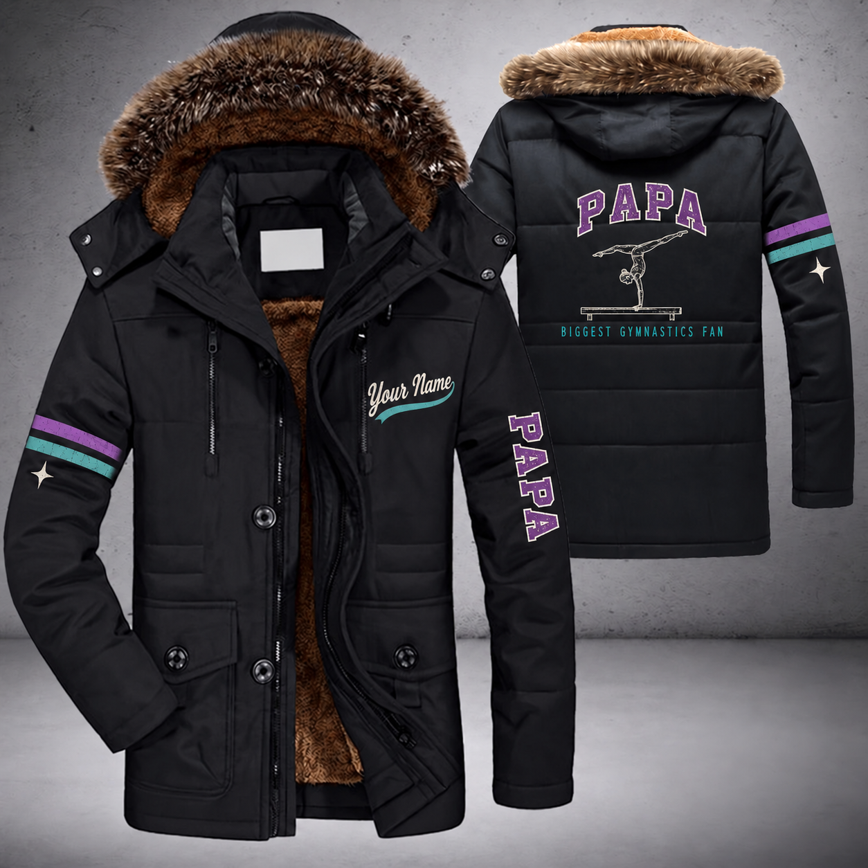 Black parka jacket with a faux-fur hood, gymnast on the back, "PAPA" lettering and a custom name in script on the chest