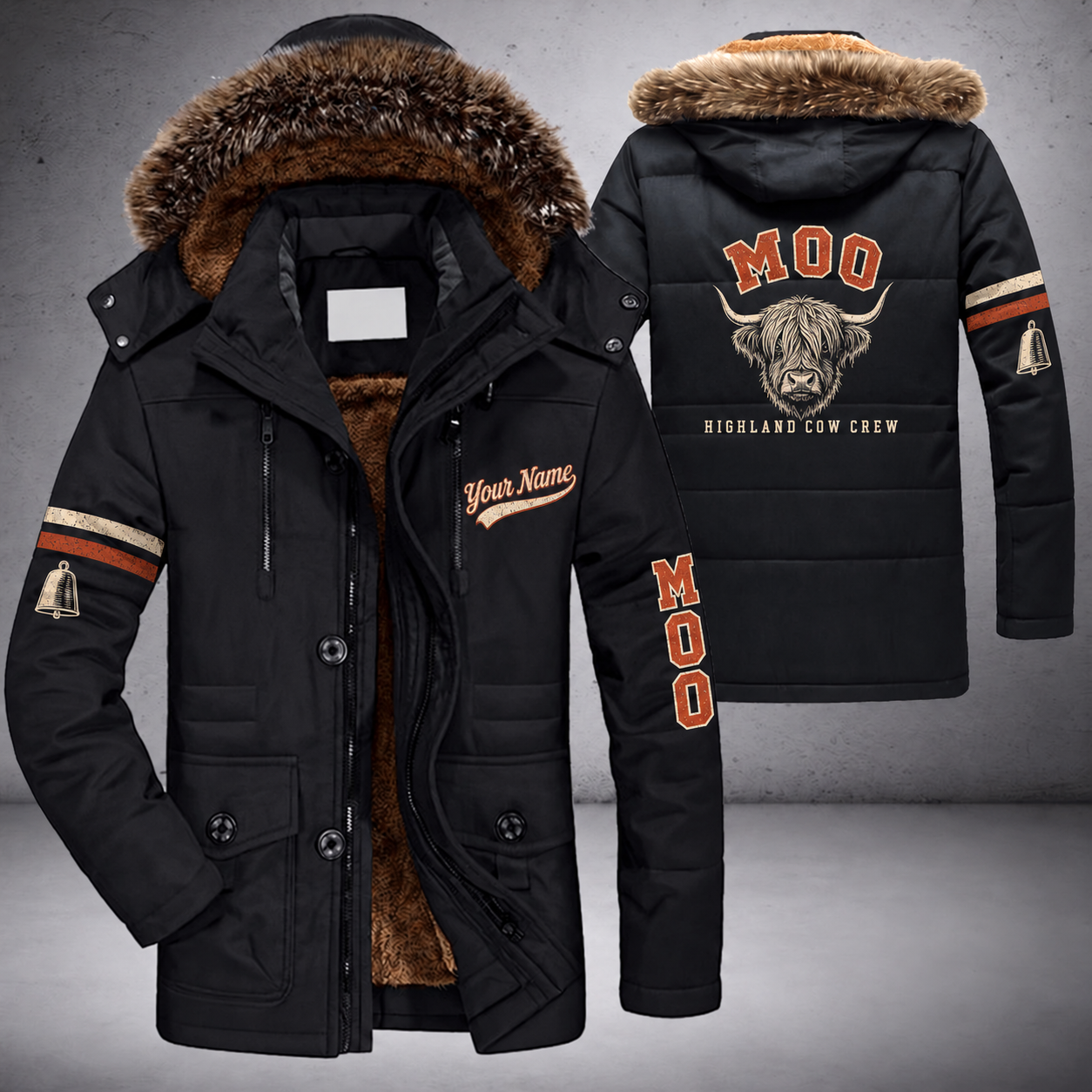 Black parka jacket with a faux-fur hood, highland cow head with long fringe on the back, "MOO" lettering and a custom name in script on the chest