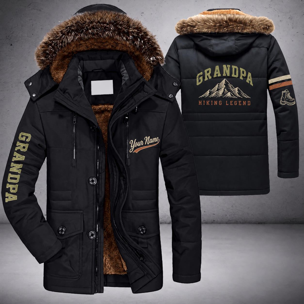 Black parka jacket with a faux-fur hood, mountain peak on the back, "GRANDPA" lettering and a custom name in script on the chest