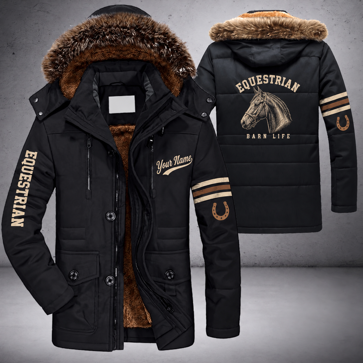 Black parka jacket with a faux-fur hood, realistic side-view horse head in fine line art, calm, not a sports mascot on the back, "EQUESTRIAN" lettering and a custom name in script on the chest