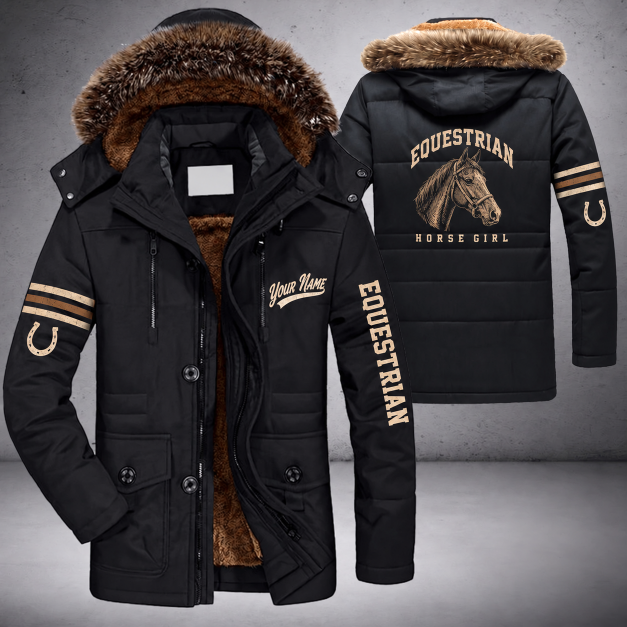 Black parka jacket with a faux-fur hood, realistic side-view horse head in fine line art, calm, not a sports mascot on the back, "EQUESTRIAN" lettering and a custom name in script on the chest