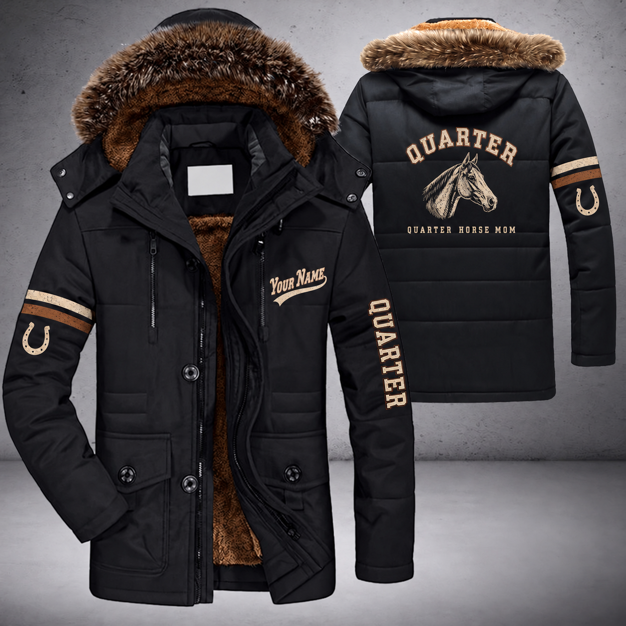 Black parka jacket with a faux-fur hood, quarter horse head on the back, "QUARTER" lettering and a custom name in script on the chest