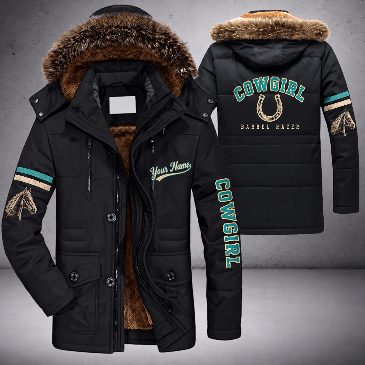 Black parka jacket with a faux-fur hood, horseshoe on the back, "COWGIRL" lettering and a custom name in script on the chest