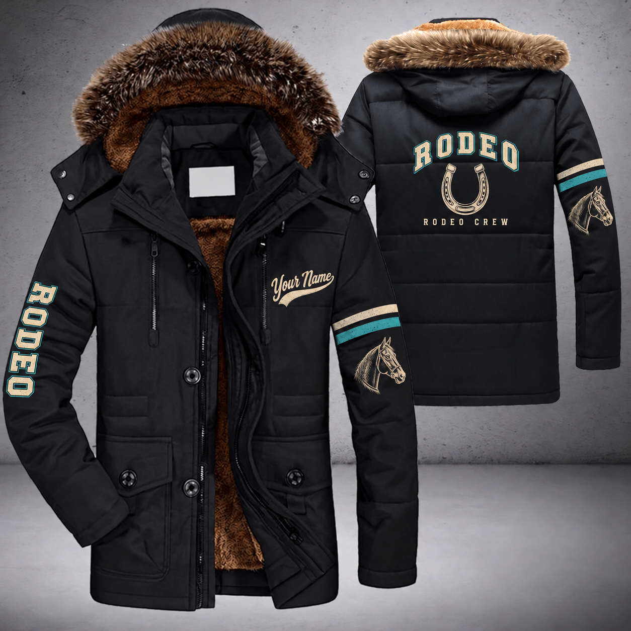 Black parka jacket with a faux-fur hood, horseshoe on the back, "RODEO" lettering and a custom name in script on the chest