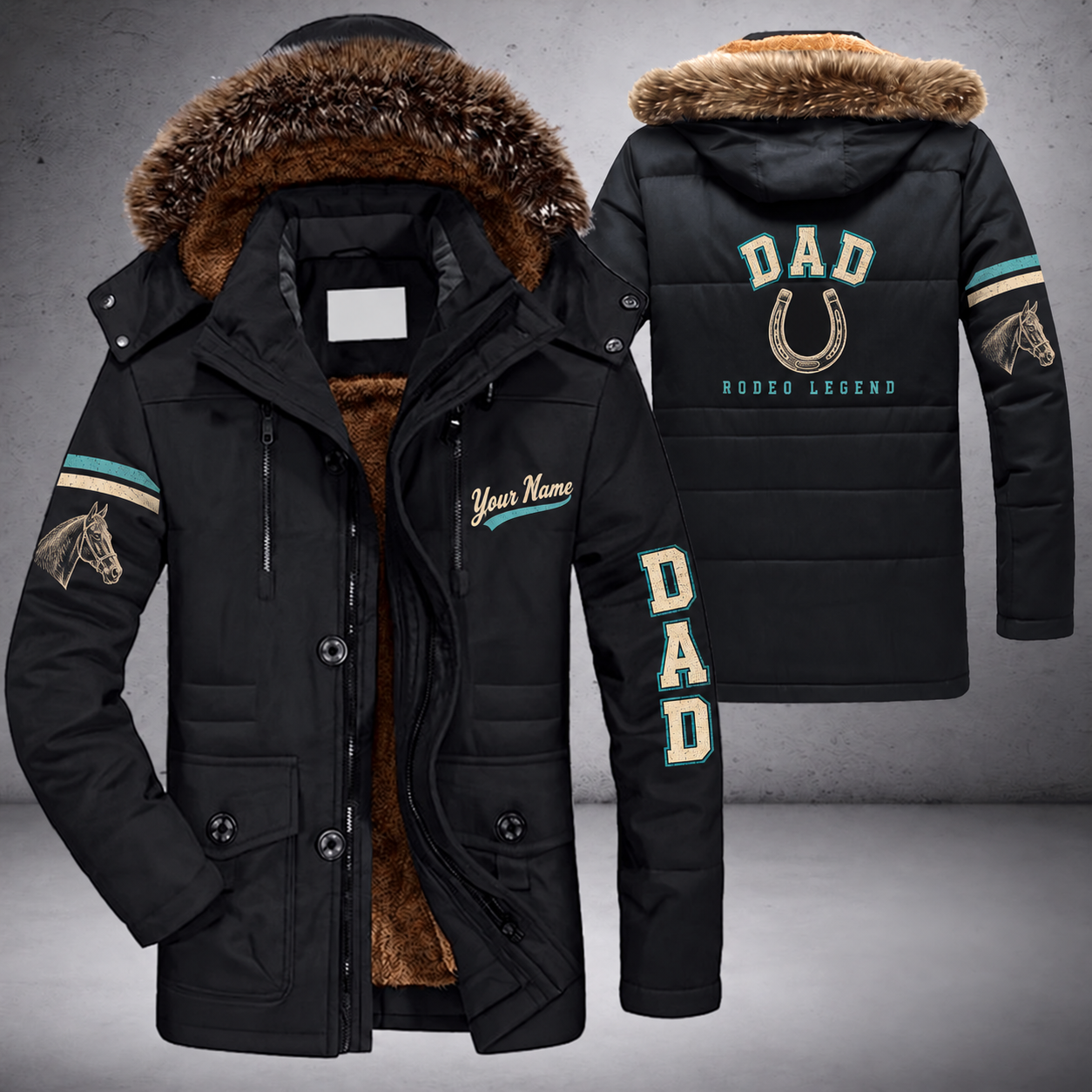 Black parka jacket with a faux-fur hood, horseshoe on the back, "DAD" lettering and a custom name in script on the chest