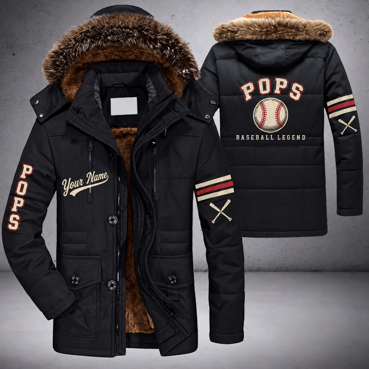 Black parka jacket with a faux-fur hood, baseball with red stitches on the back, "POPS" lettering and a custom name in script on the chest