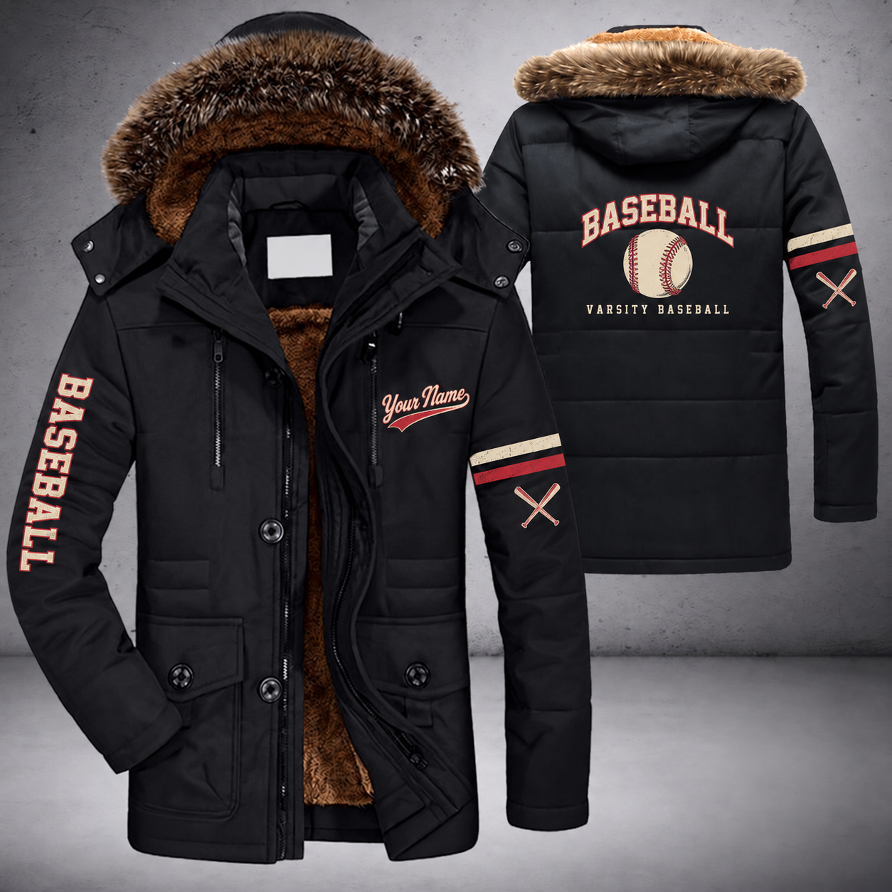 Black parka jacket with a faux-fur hood, baseball with red stitches on the back, "BASEBALL" lettering and a custom name in script on the chest
