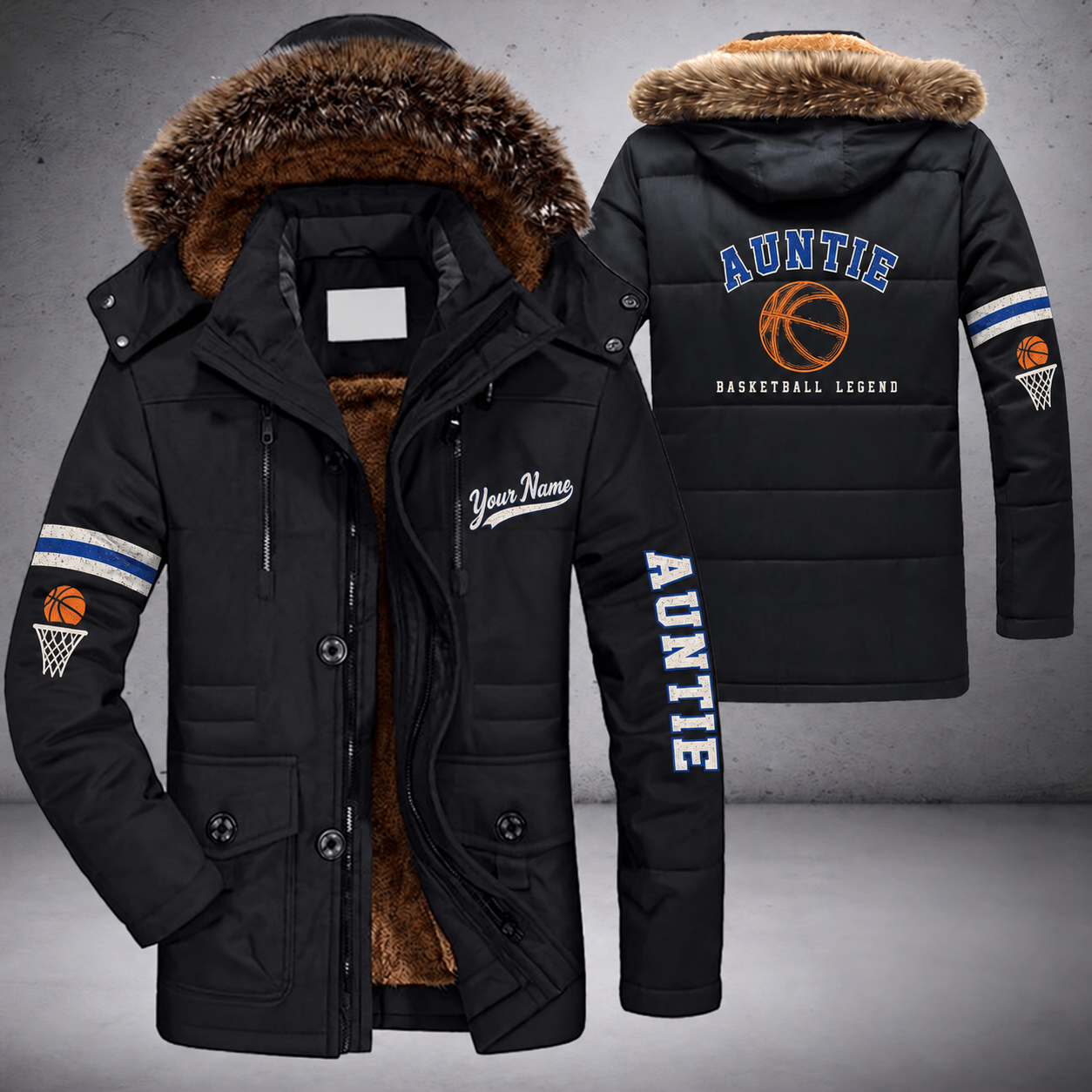 Black parka jacket with a faux-fur hood, basketball on the back, "AUNTIE" lettering and a custom name in script on the chest