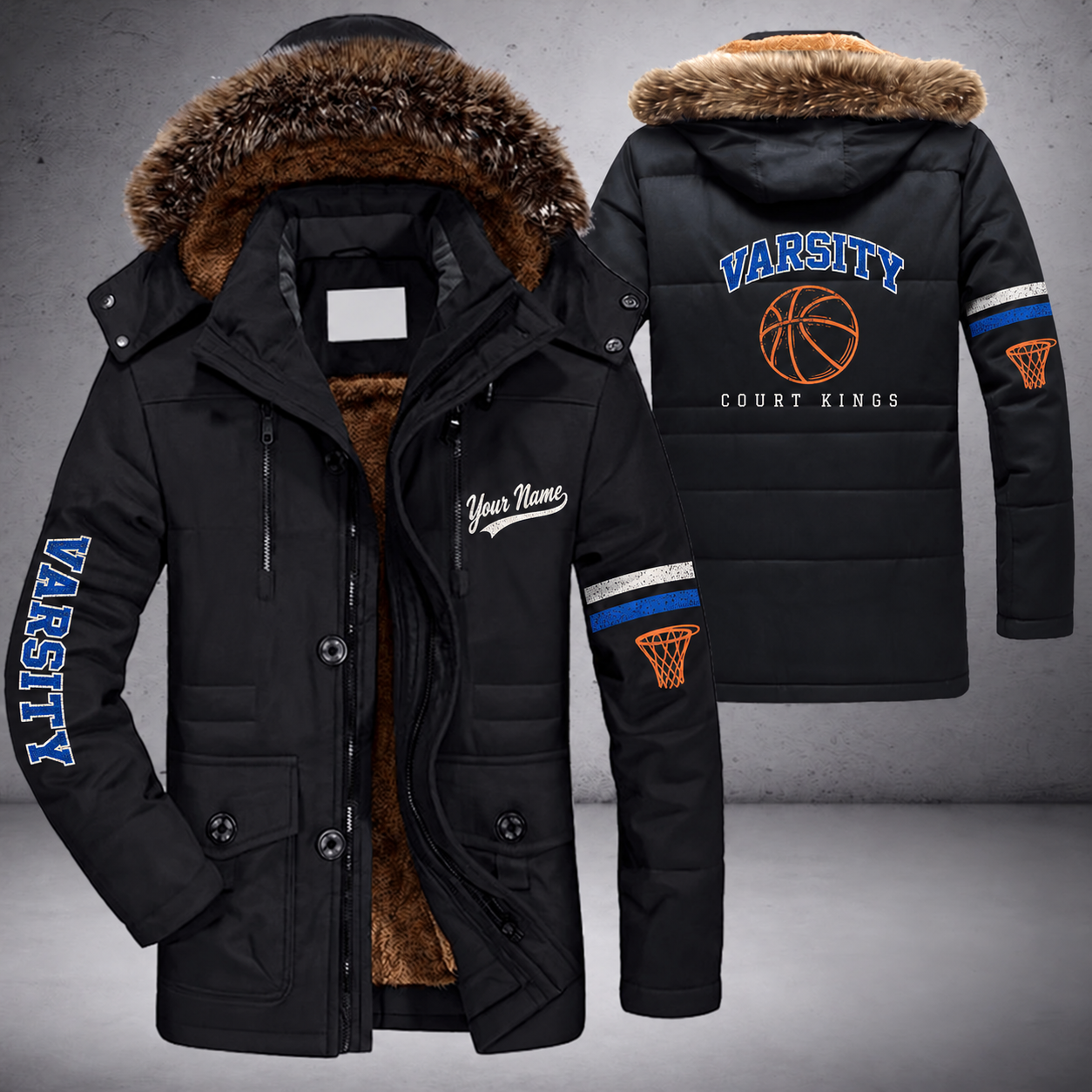 Black parka jacket with a faux-fur hood, basketball on the back, "VARSITY" lettering and a custom name in script on the chest