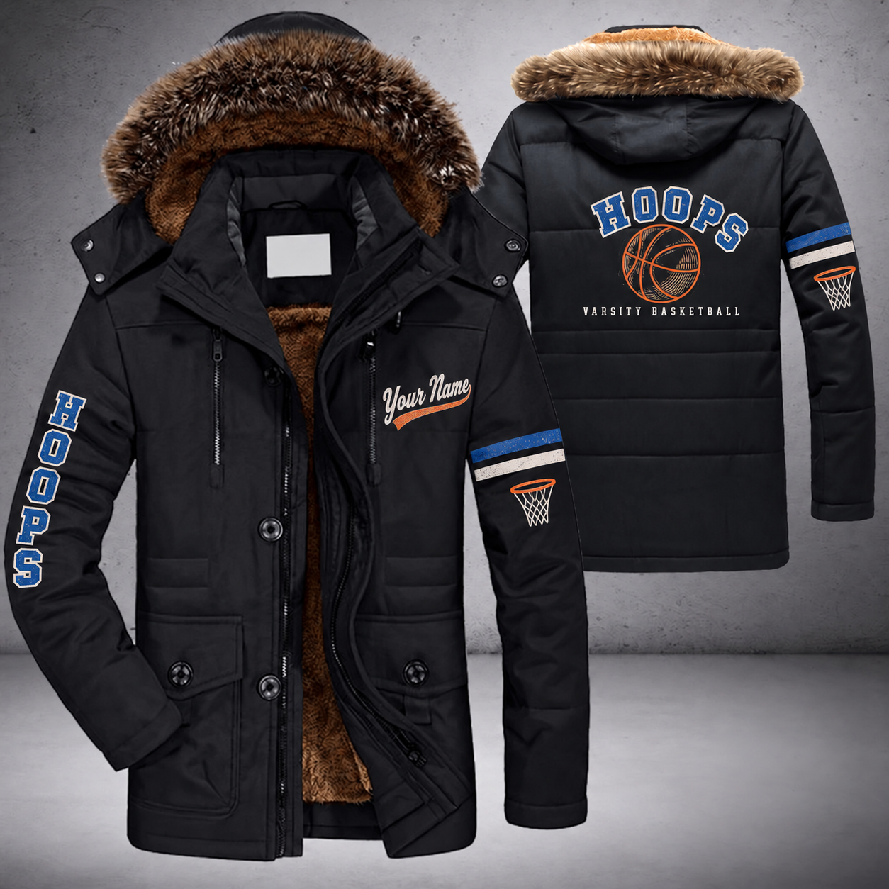 Black parka jacket with a faux-fur hood, basketball on the back, "HOOPS" lettering and a custom name in script on the chest