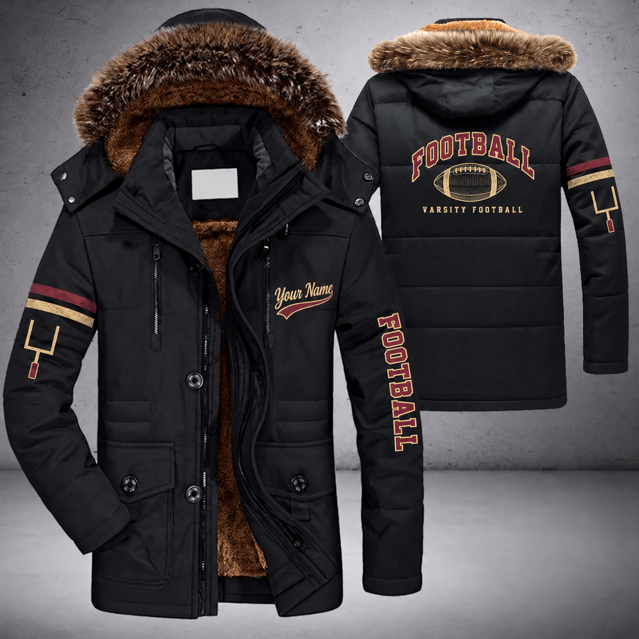 Black parka jacket with a faux-fur hood, american football on the back, "FOOTBALL" lettering and a custom name in script on the chest