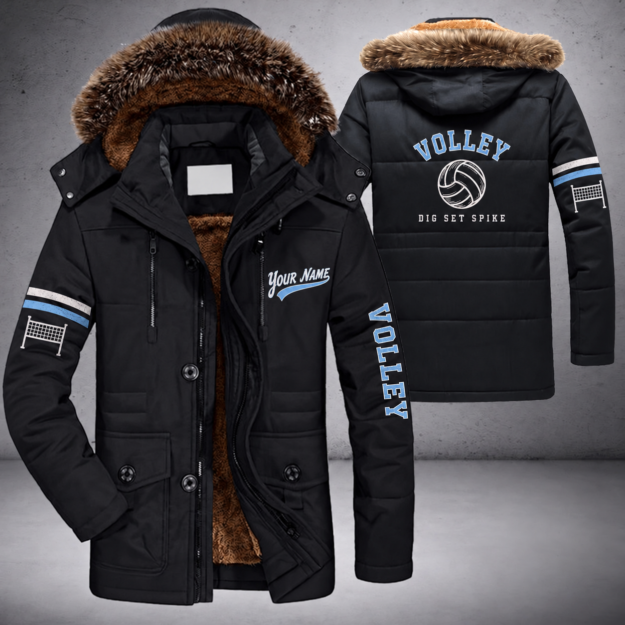 Black parka jacket with a faux-fur hood, volleyball on the back, "VOLLEY" lettering and a custom name in script on the chest