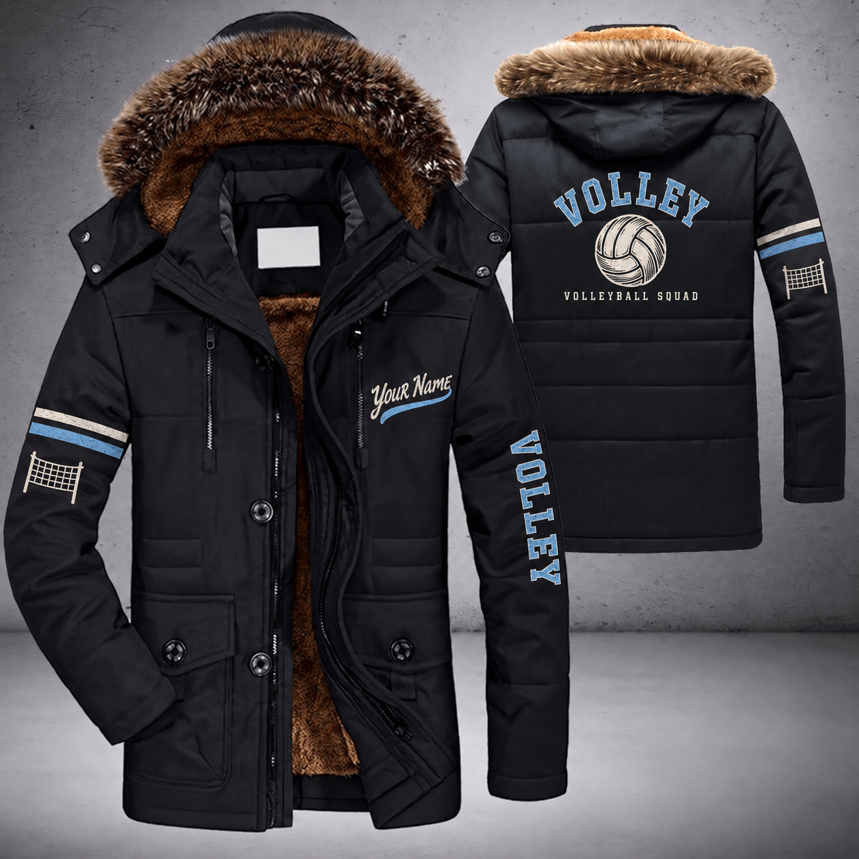 Black parka jacket with a faux-fur hood, volleyball on the back, "VOLLEY" lettering and a custom name in script on the chest