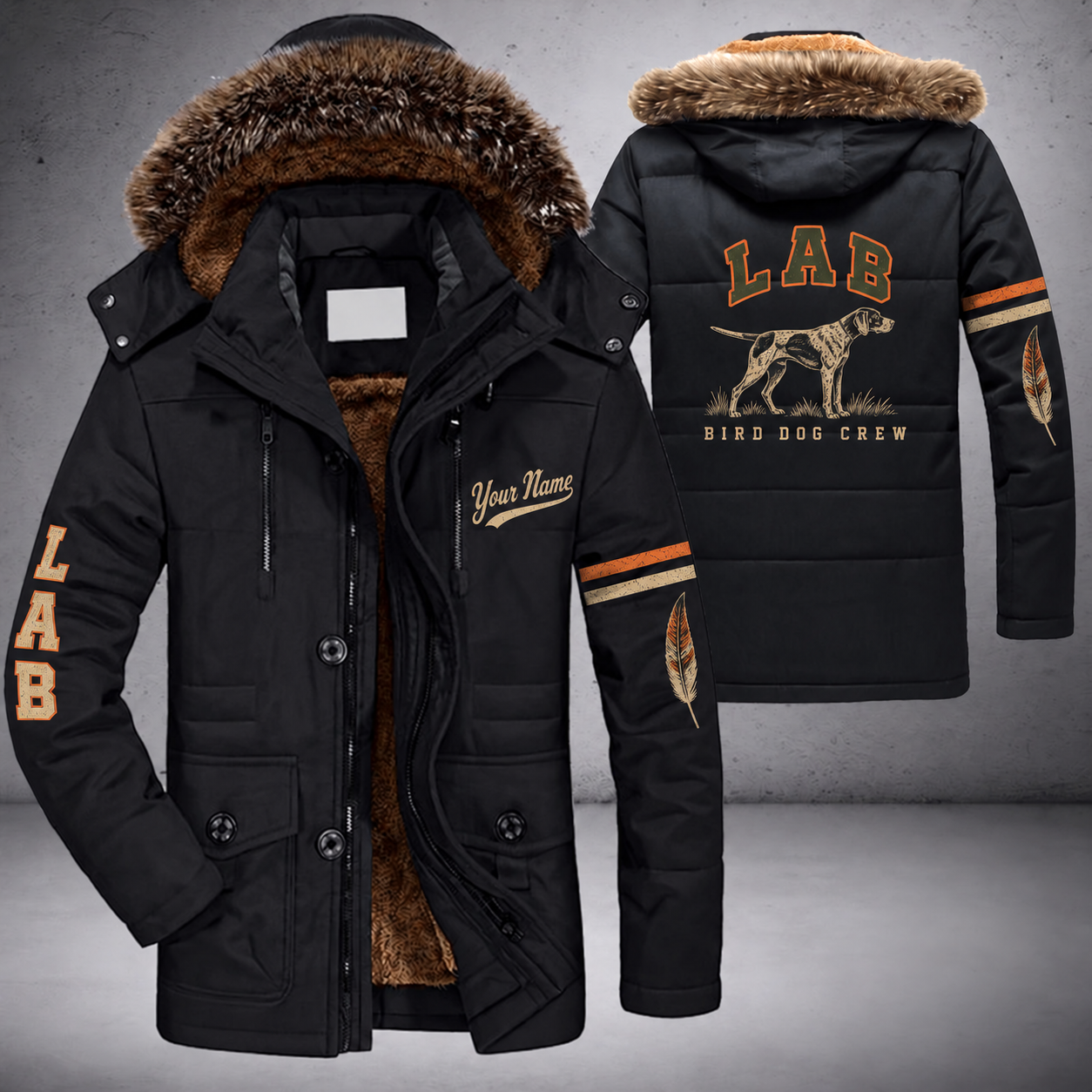 Black parka jacket with a faux-fur hood, pointer dog on the back, "LAB" lettering and a custom name in script on the chest