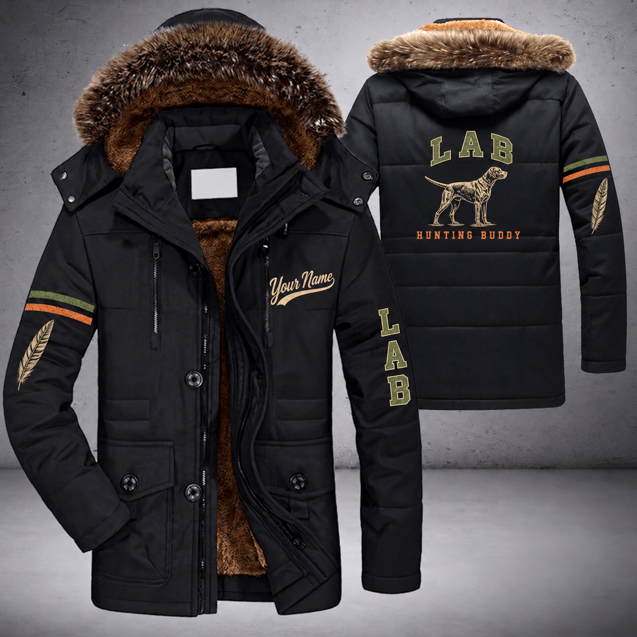 Black parka jacket with a faux-fur hood, pointer dog on the back, "LAB" lettering and a custom name in script on the chest