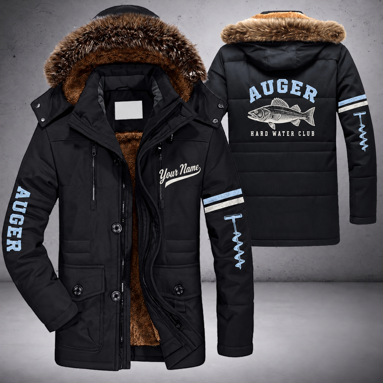 Black parka jacket with a faux-fur hood, walleye on the back, "AUGER" lettering and a custom name in script on the chest