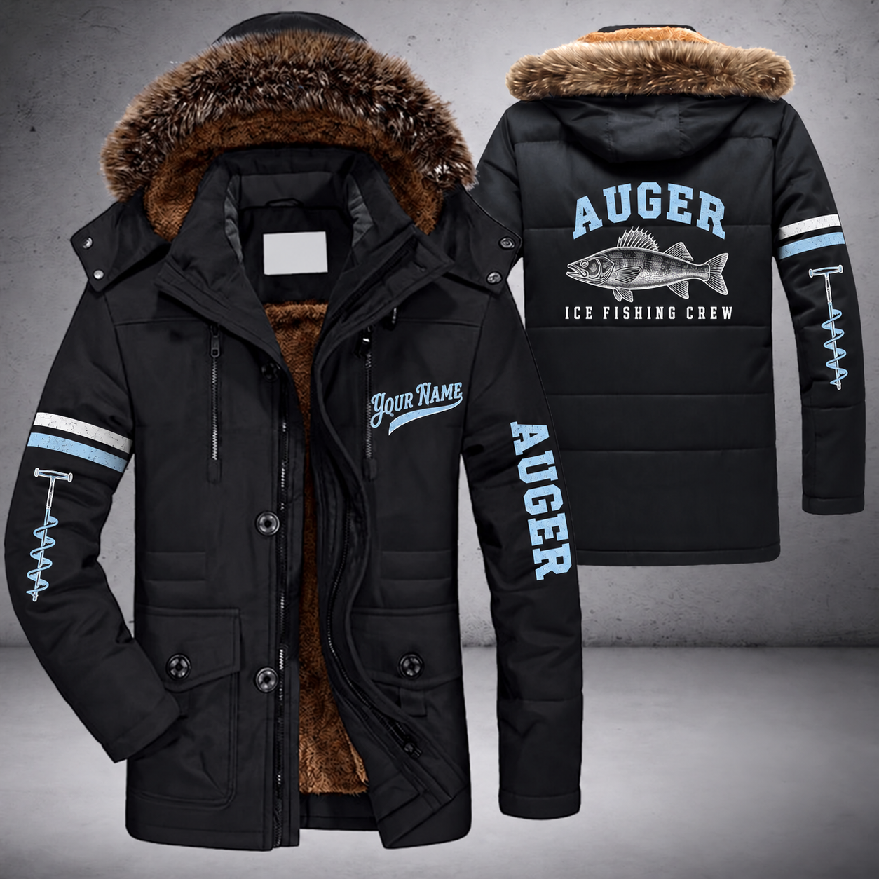 Black parka jacket with a faux-fur hood, walleye on the back, "AUGER" lettering and a custom name in script on the chest