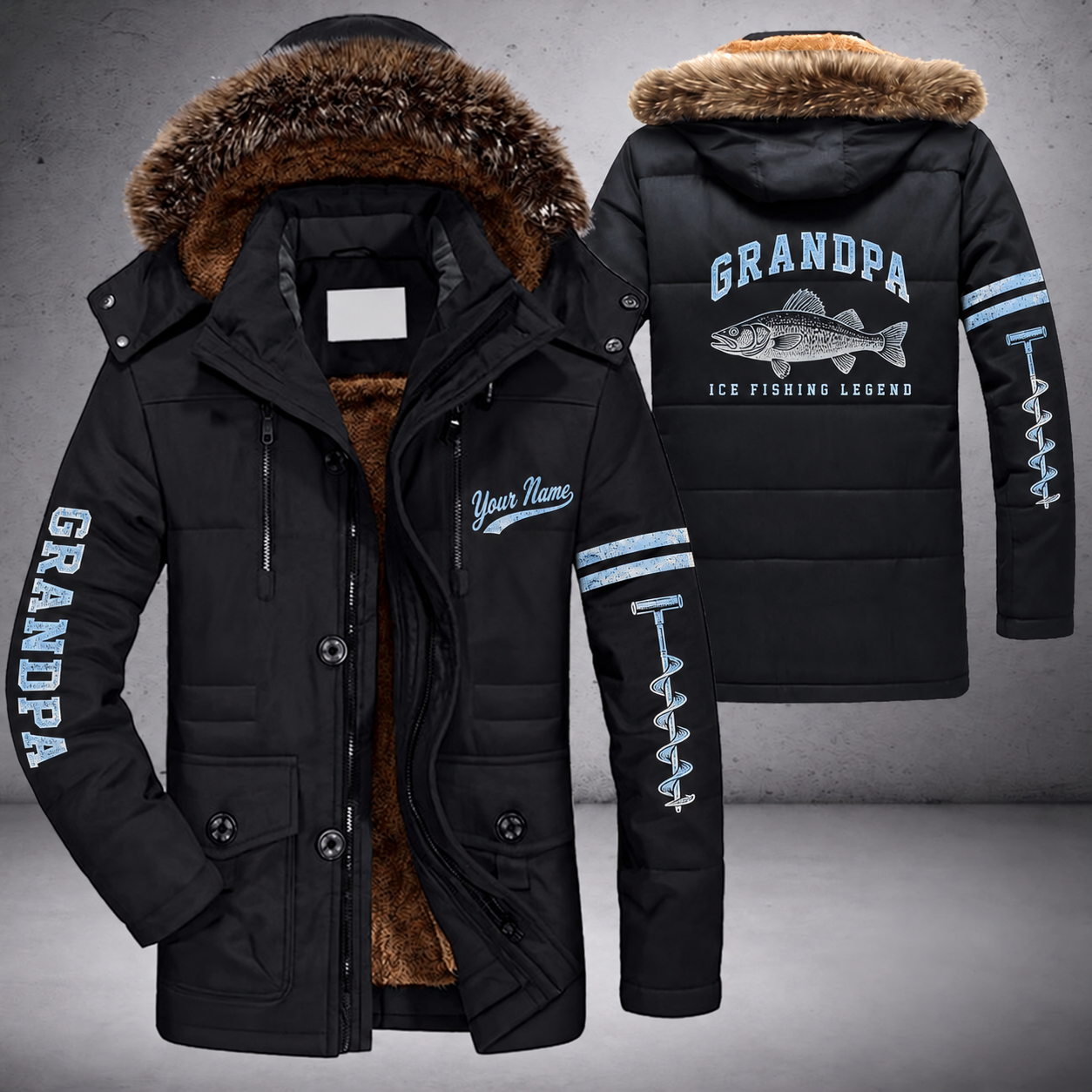 Black parka jacket with a faux-fur hood, walleye on the back, "GRANDPA" lettering and a custom name in script on the chest