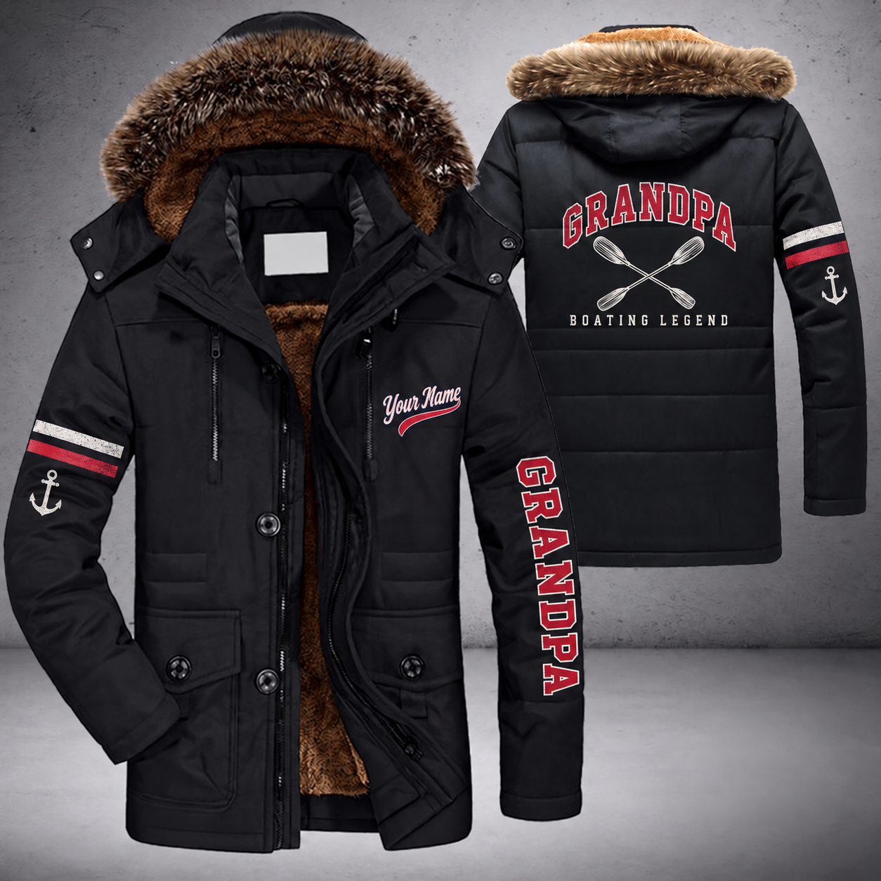 Black parka jacket with a faux-fur hood, crossed paddles on the back, "GRANDPA" lettering and a custom name in script on the chest