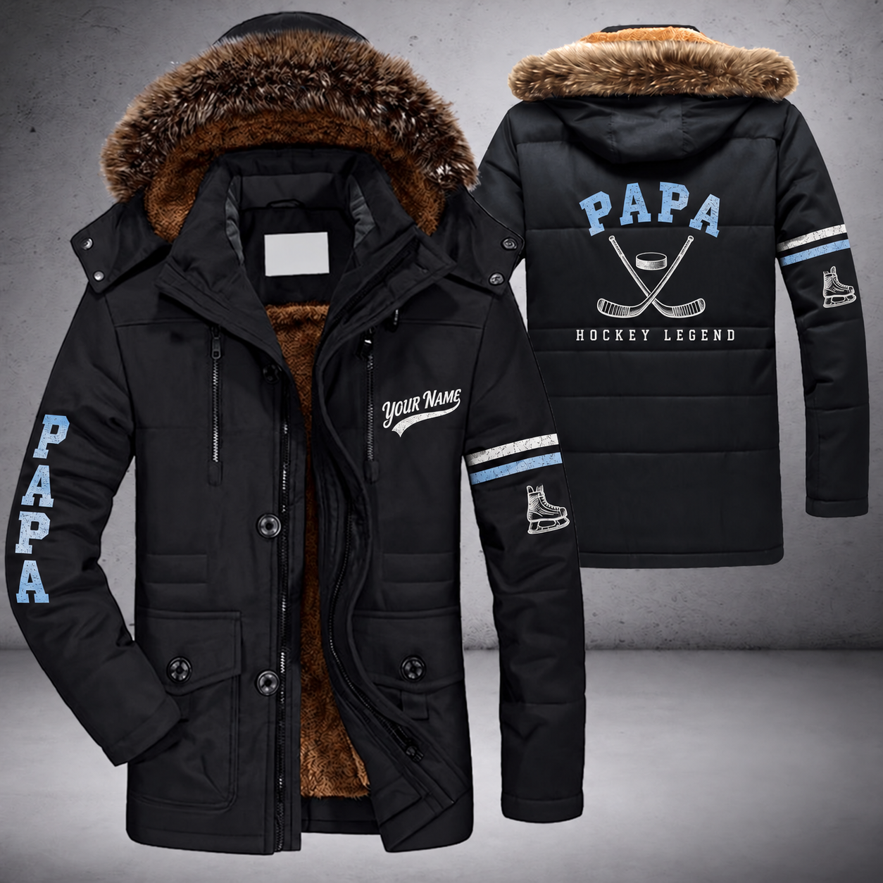 Black parka jacket with a faux-fur hood, puck and crossed hockey sticks with curved blades on the back, "PAPA" lettering and a custom name in script on the chest