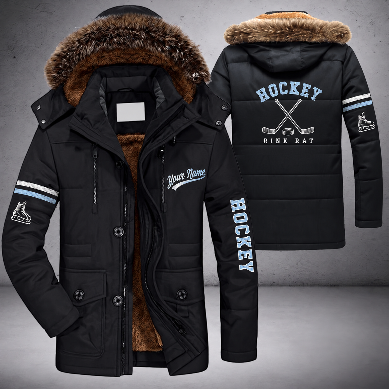 Black parka jacket with a faux-fur hood, puck and crossed hockey sticks with curved blades on the back, "HOCKEY" lettering and a custom name in script on the chest