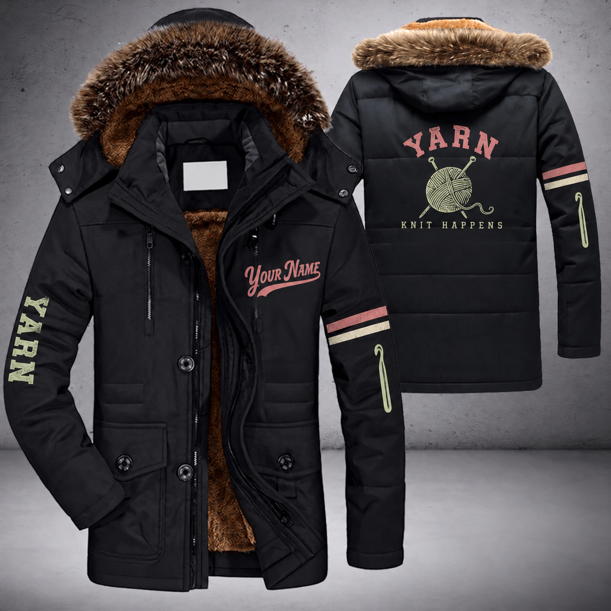 Black parka jacket with a faux-fur hood, yarn ball with needles on the back, "YARN" lettering and a custom name in script on the chest