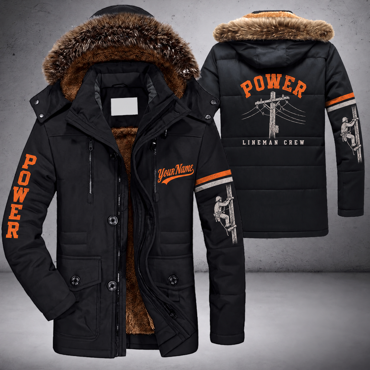 Black parka jacket with a faux-fur hood, utility pole with wires on the back, "POWER" lettering and a custom name in script on the chest