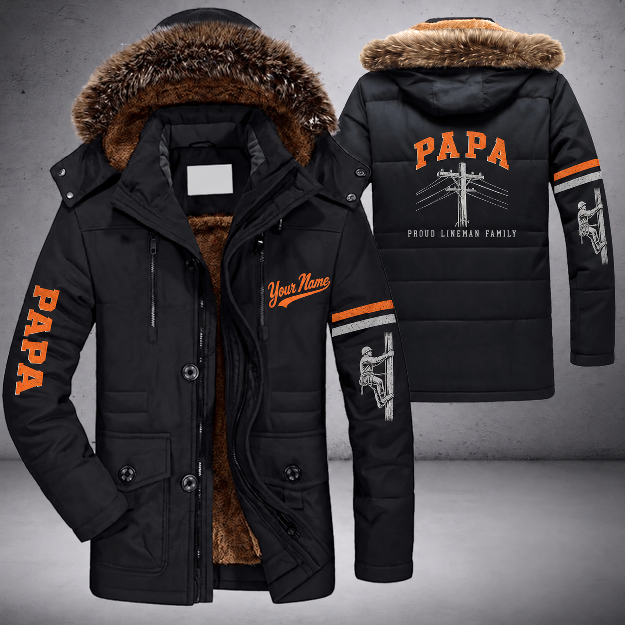 Black parka jacket with a faux-fur hood, utility pole with wires on the back, "PAPA" lettering and a custom name in script on the chest