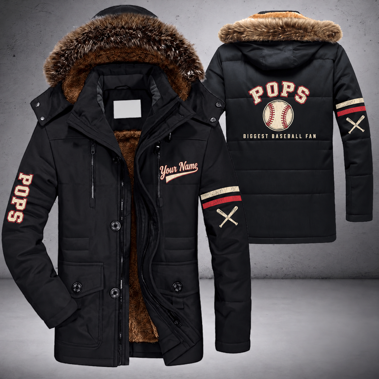 Black parka jacket with a faux-fur hood, baseball with red stitches on the back, "POPS" lettering and a custom name in script on the chest