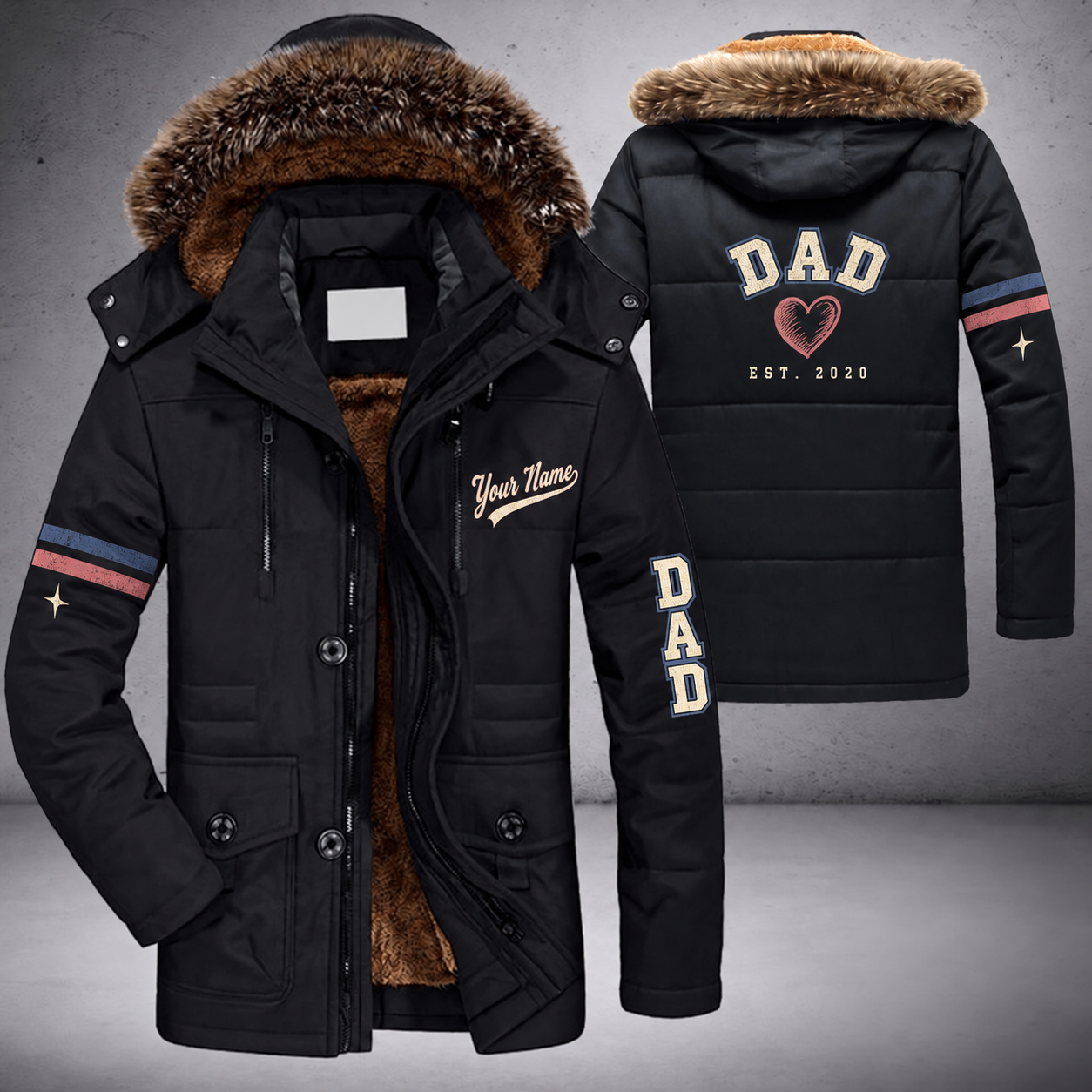 Black parka jacket with a faux-fur hood, heart on the back, "DAD" lettering and a custom name in script on the chest