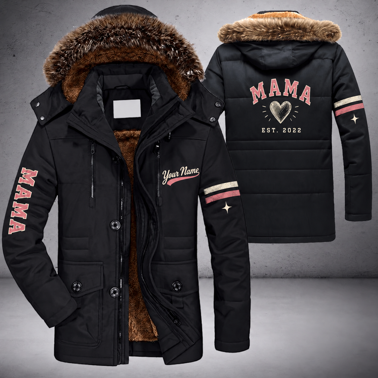 Black parka jacket with a faux-fur hood, heart on the back, "MAMA" lettering and a custom name in script on the chest